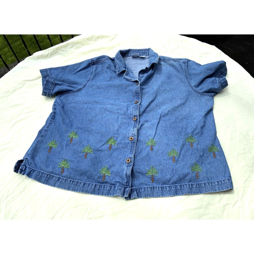 Womens Carolina Blues Size 22W Embroidered Blue Jean Button Up Cotton Top Denim